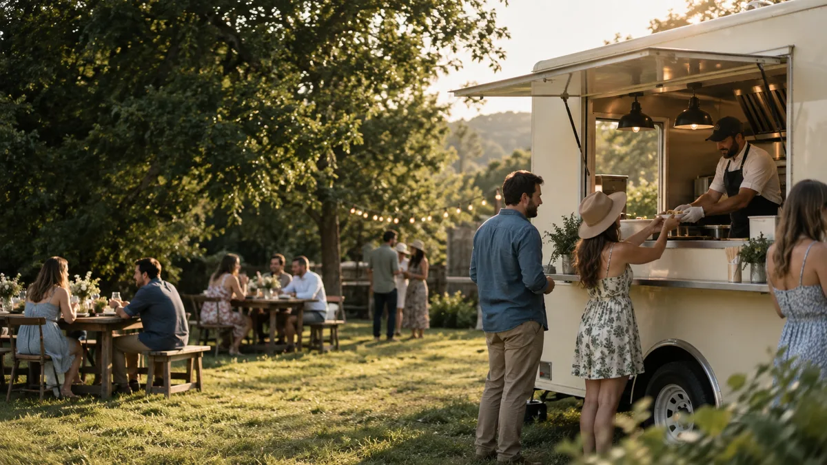 Guests receiving food at an outdoor food truck gathering